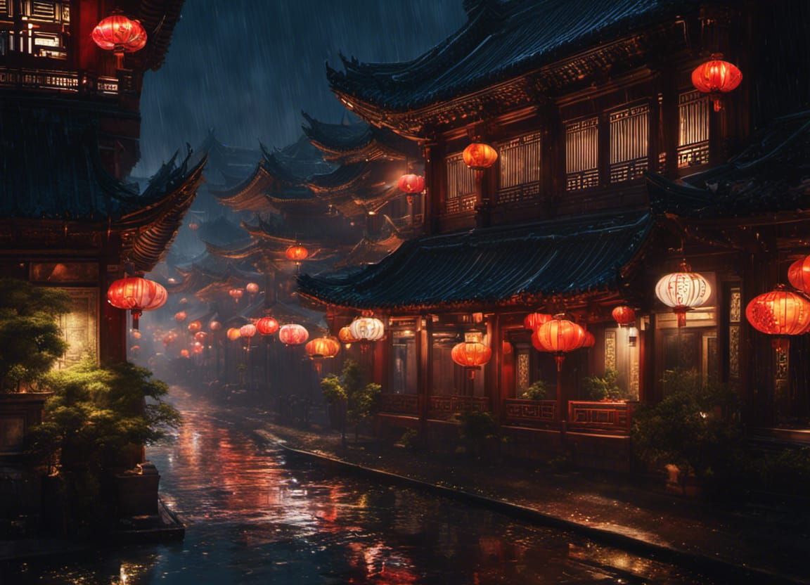Rainy Night in Chinese City, Digital Art
