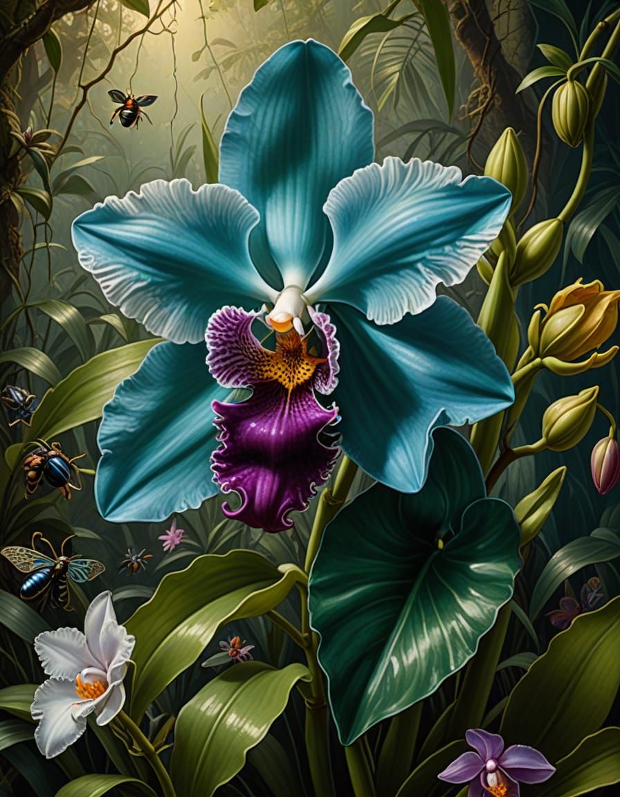 Victorian Botanical Art: Cattleya Orchid and Beetle