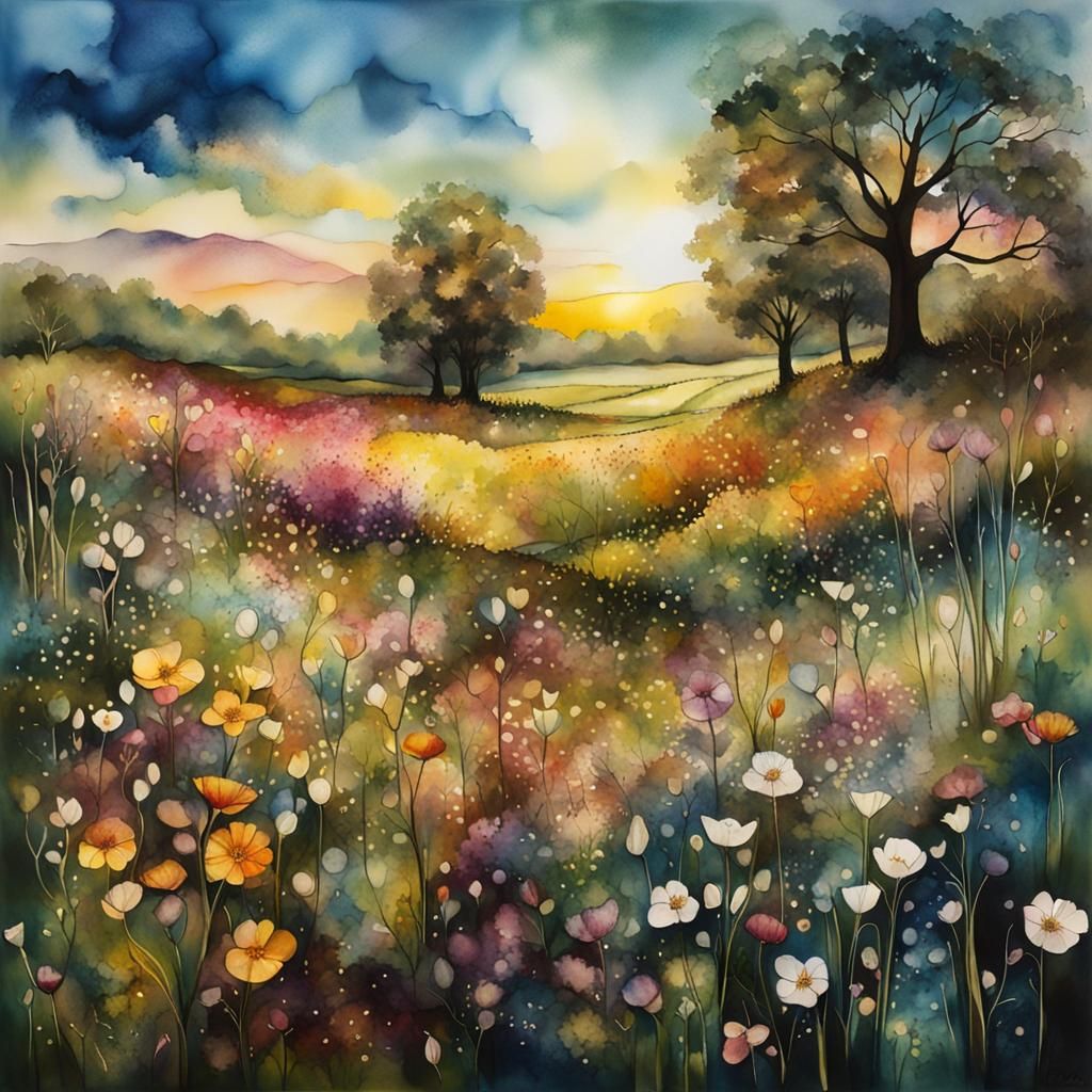 Alcohol Ink Country Meadow at Dawn