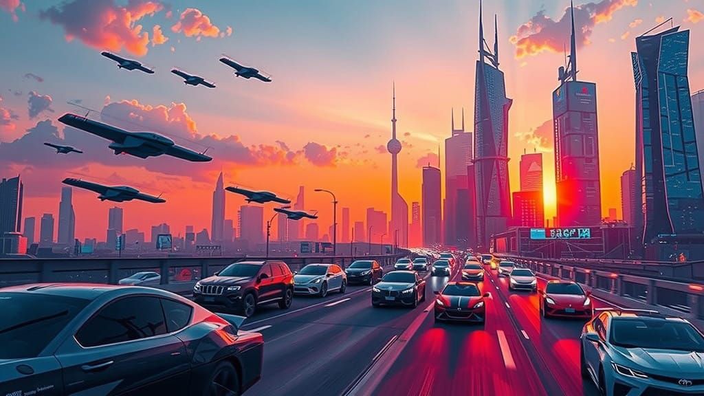 Futuristic Megacityscape at Sunset, with Neon-Lit Skyscraper...