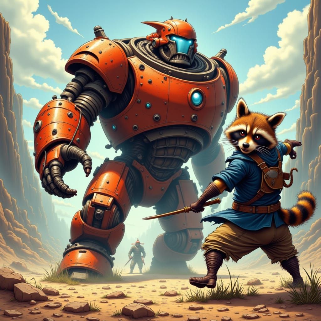 Raccoon Superhero Battles Giant Robot in Comic Style