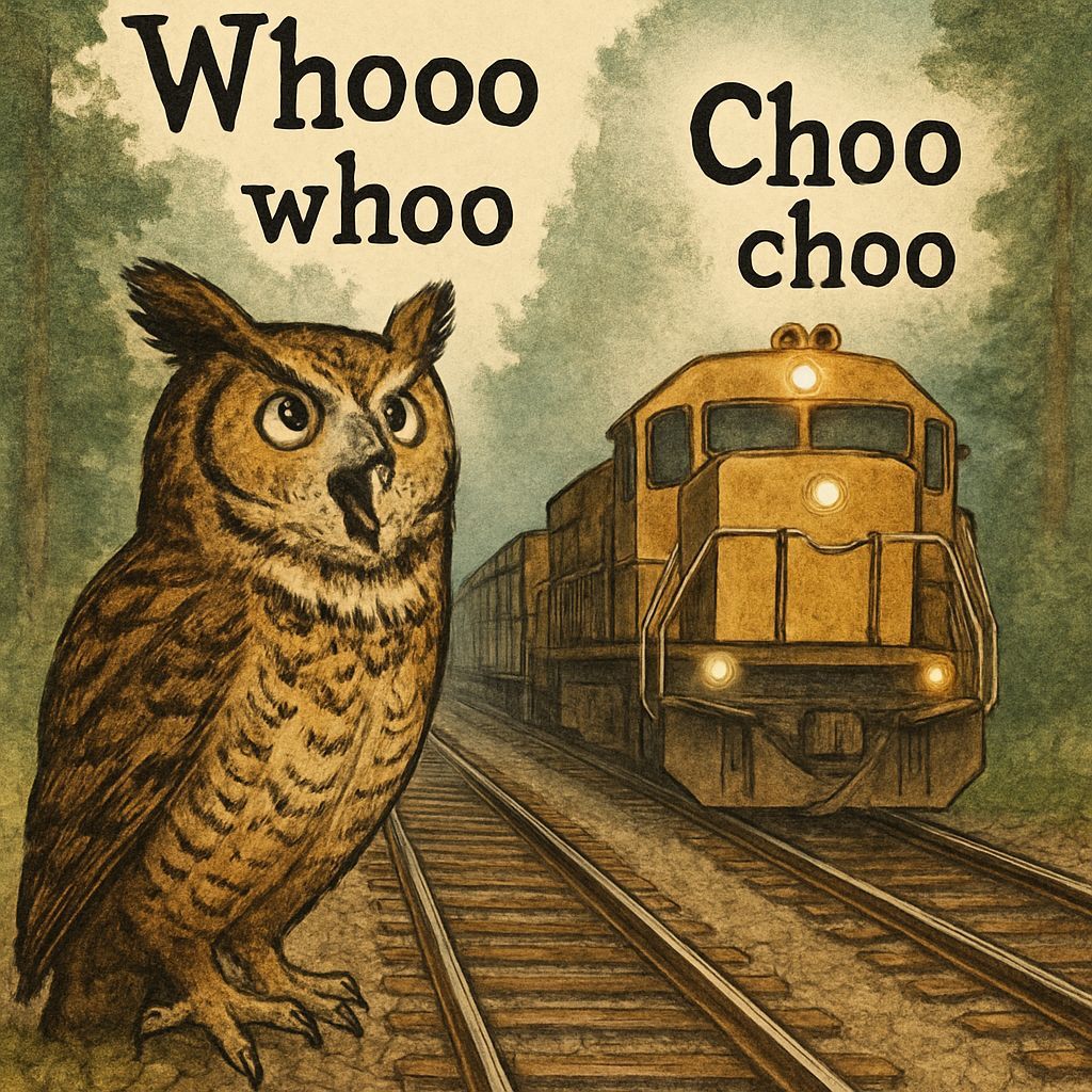 Great Horned Owl and Train on Forest Tracks