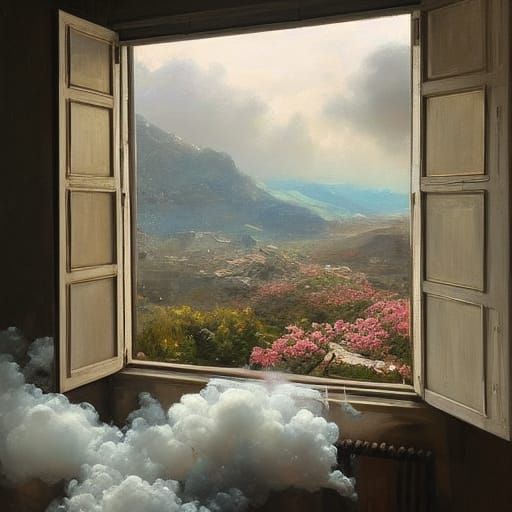 view of the mountains from an enormous window in a castle, s...