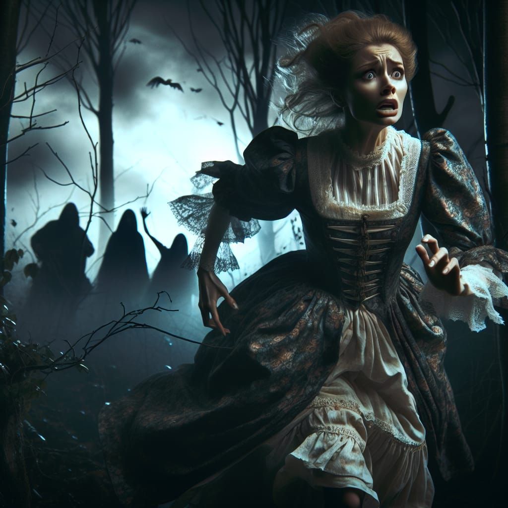A Frightened Woman Flees Through a Gloomy Forest Under the C...