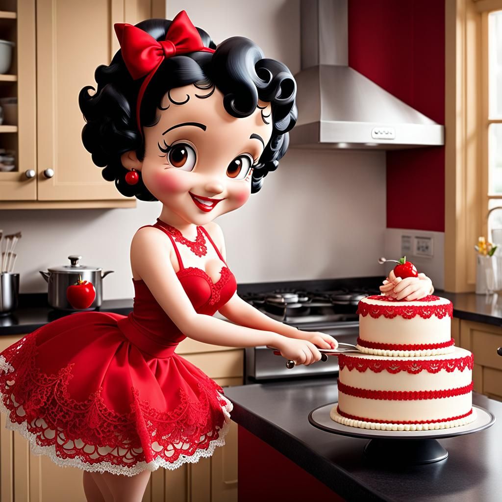 Betty Boop Baking a Cake in Red Lace