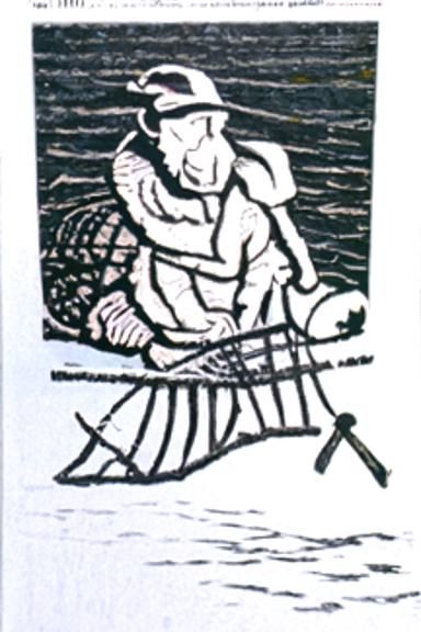 Fisherman Hauling Nets in Woodcut Style