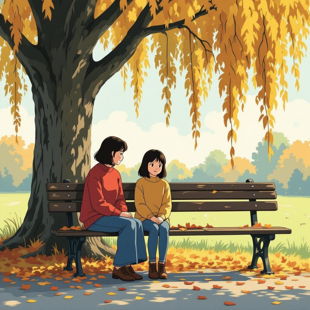 Woman on Bench Under Willow Tree in Anime Realism Style