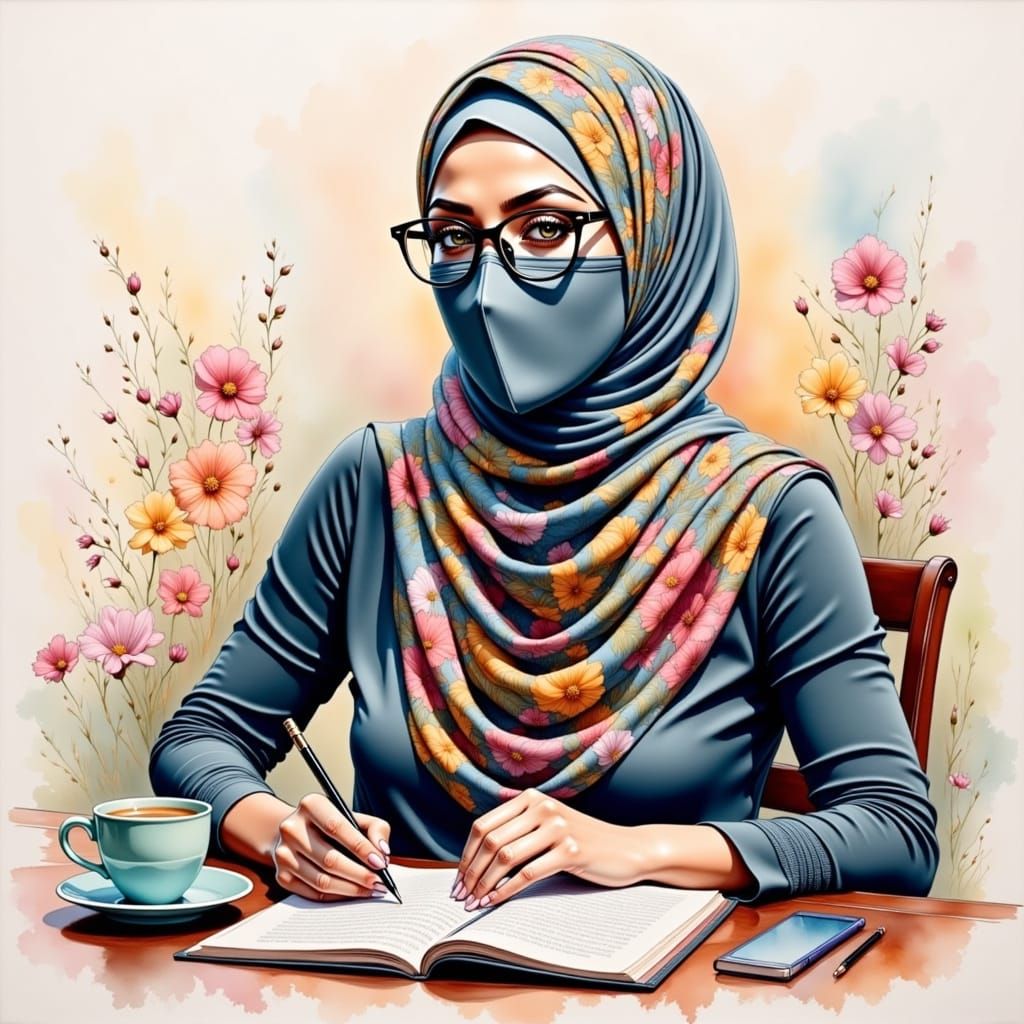 A Hijab Student Works in Color Pencil Style