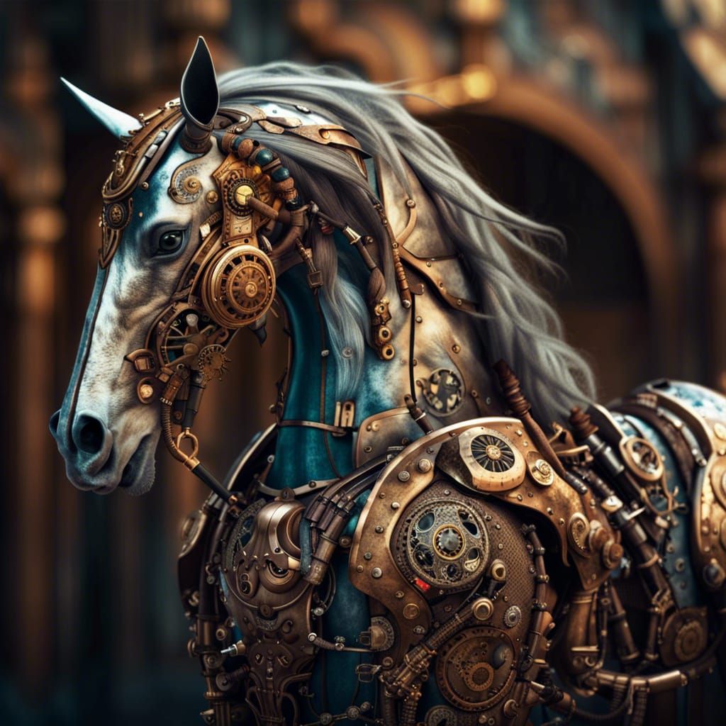 Steampunk Cyborg Horse Warrior in Detailed Matte Painting