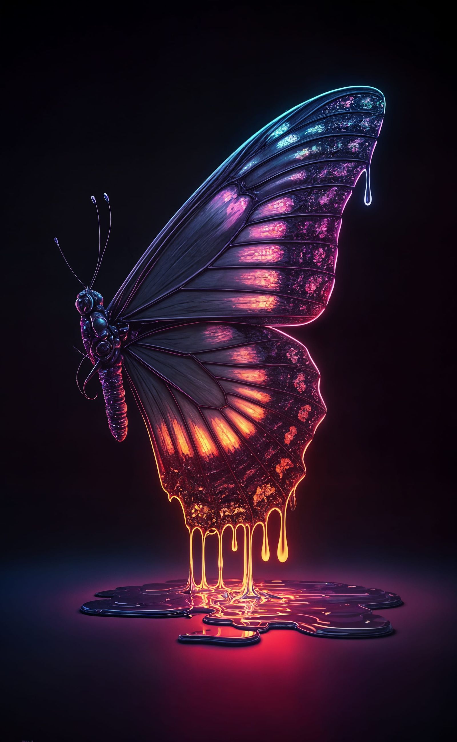 Melting Neon Butterfly Wing in Cyberpunk Fairytale Style