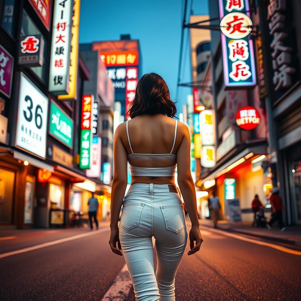 Tokyo Street Scene with Japanese Woman in Neon Lights
