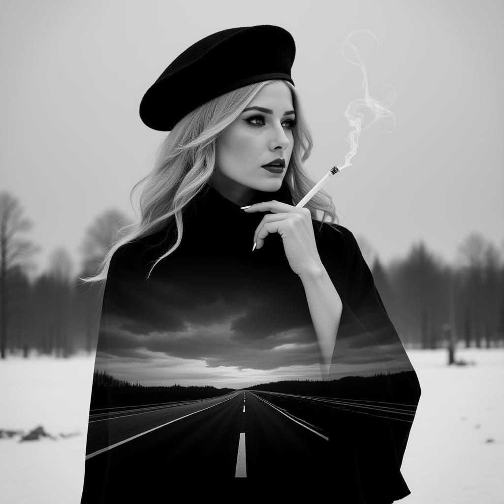 Contemplative Woman with Surreal Landscape Overlay