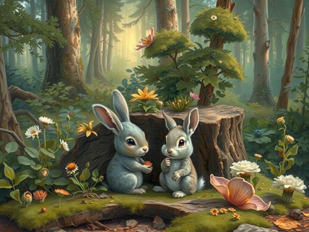 Hyperrealistic Bunny and Squirrel in Wildflower Meadow