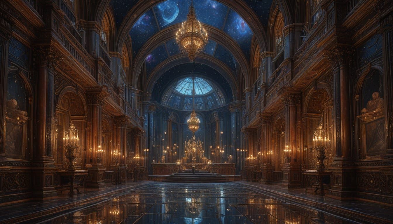 Gothic Opera House Among the Stars: Holographic Illustration