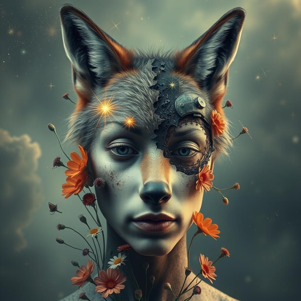 Surreal Cosmic Coyote Portrait with Stars