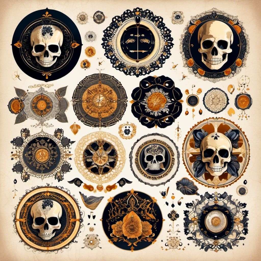 Vintage Circle Tags with Skulls and Ravens