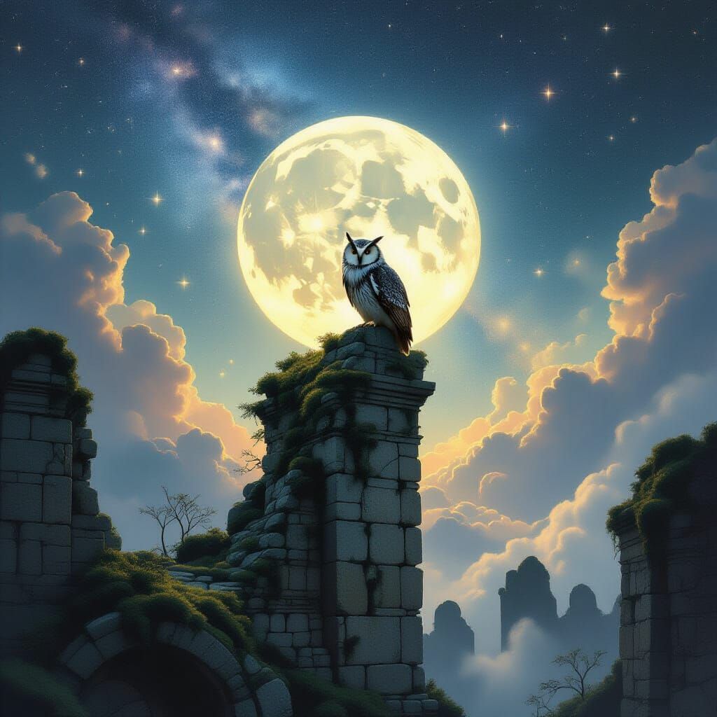 Ancient Owl on Ruins Under Cosmic Sky