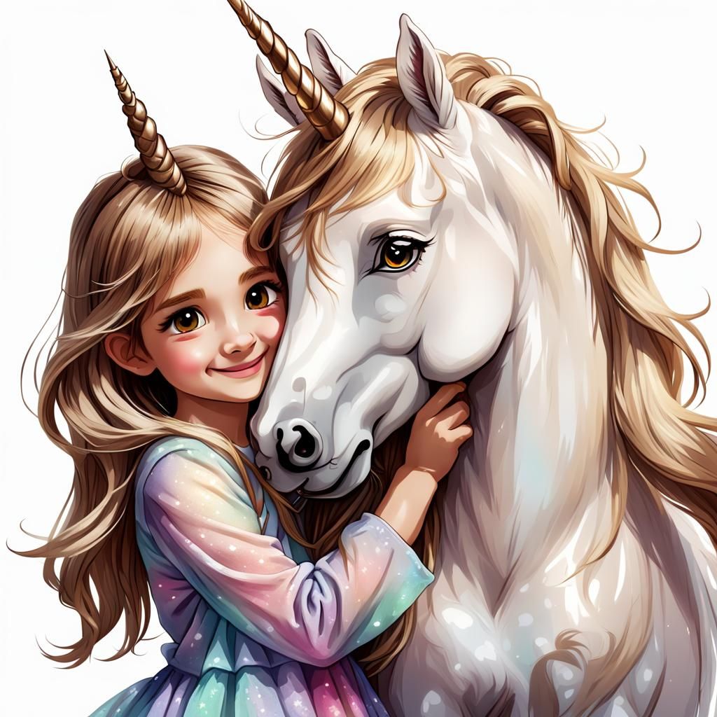 Girl Hugging Unicorn Illustration on Transparent Background