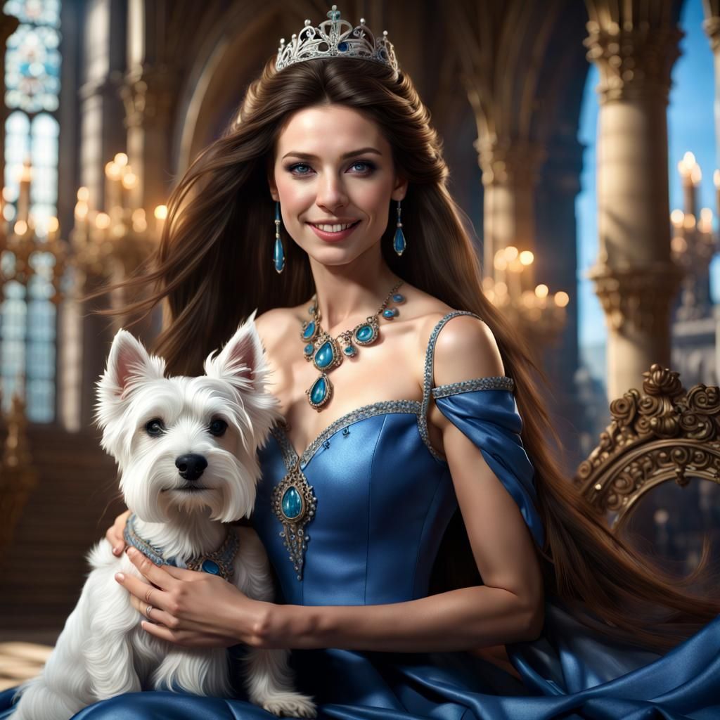 Brunette Princess with Westie in Castle Setting