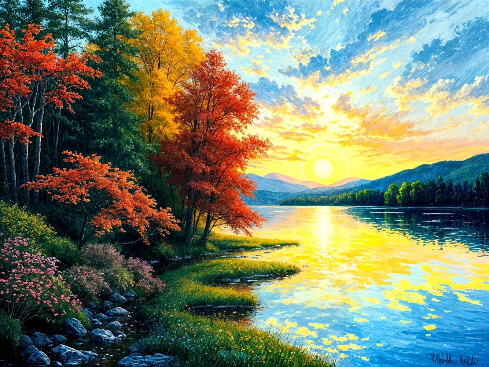 Impasto River Landscape at Sunrise