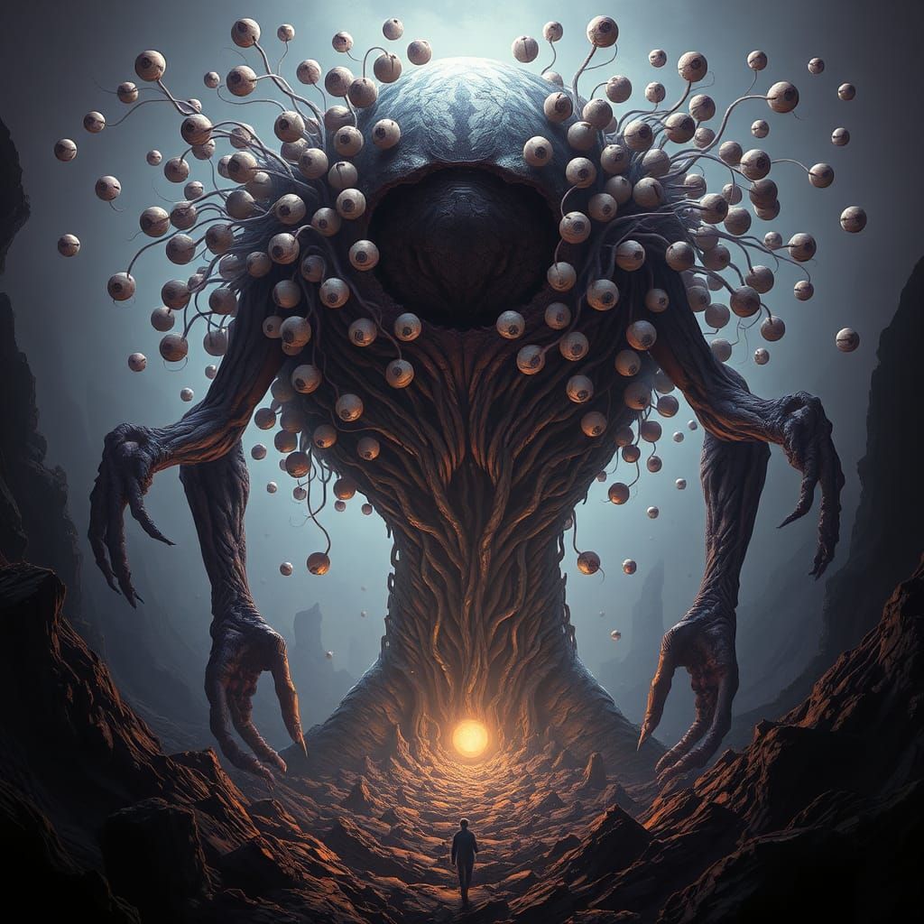 A massive, limbless humanoid is trapped in the ground up at its waist. A large, gaping hole occupies its entire face, a ...