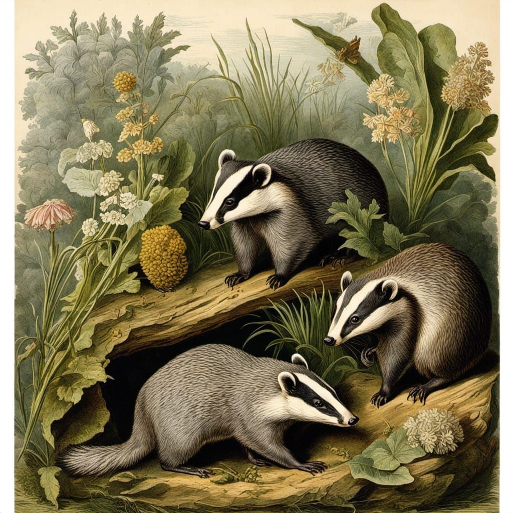 Badgers in a Vintage Scientific Illustration