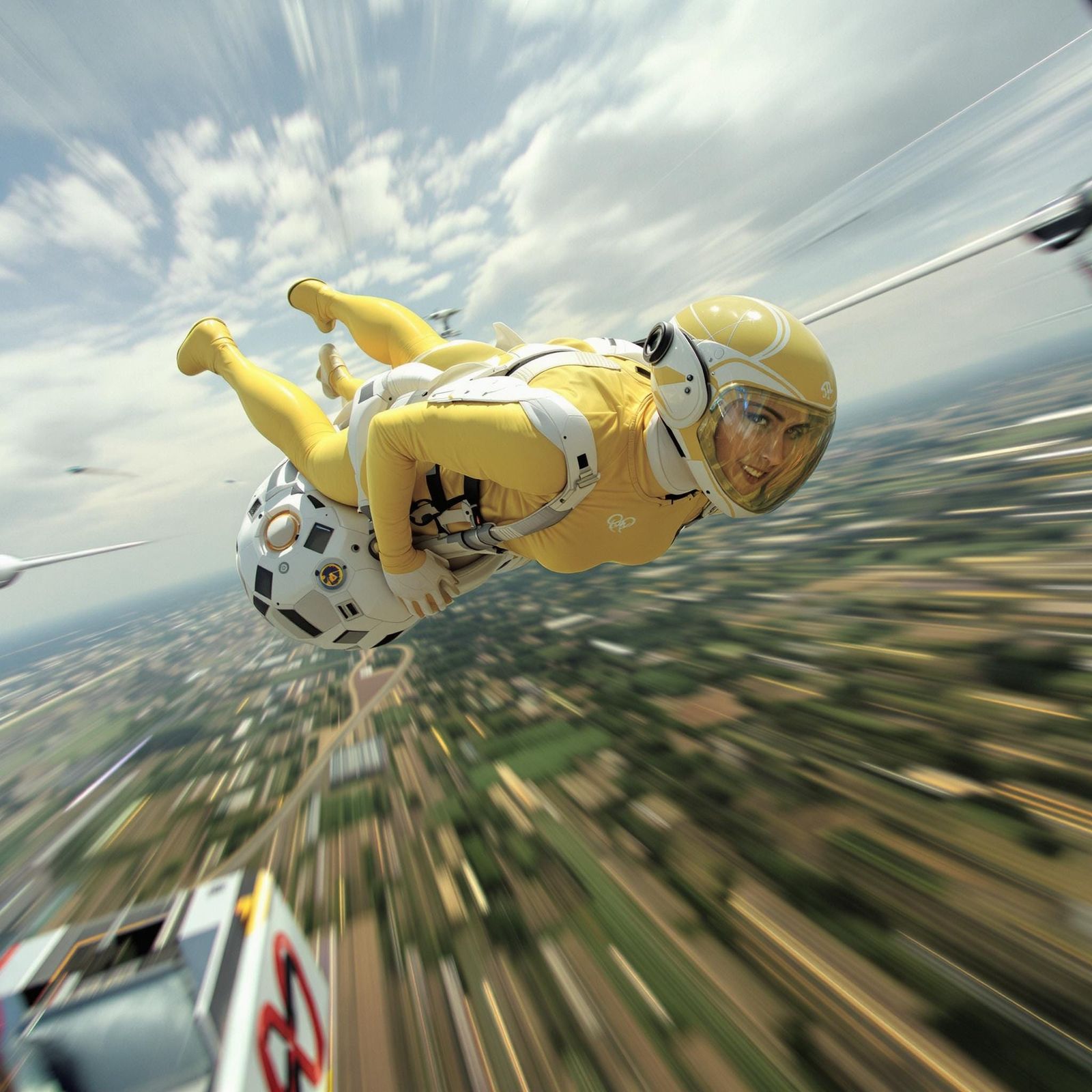 Woman in Yellow Latex Flight Suit Hover Racing