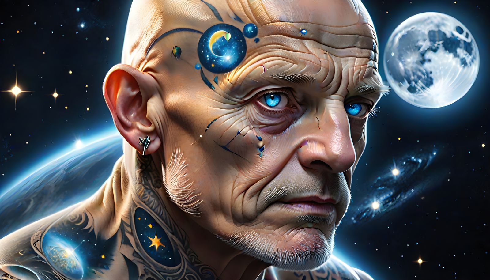A Photorealistic Close-up of a Tattooed Man with Starry Nigh...