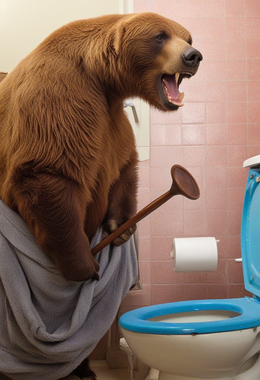 Regretful Kodiak Bear in Morning Bathroom Attire