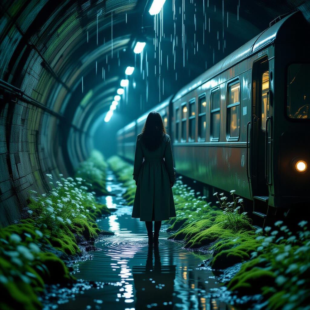 Bioluminescent Subway Tunnel Scene in Digital Art Style