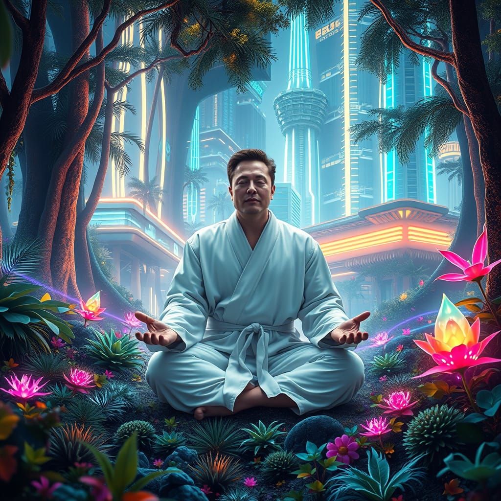 Futuristic Meditation Among Alien Flora and Neon Structures