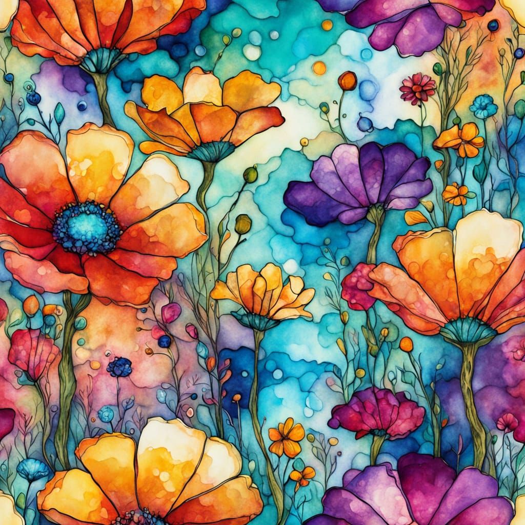 Vibrant Floral Field Landscape in Alcohol Ink Style