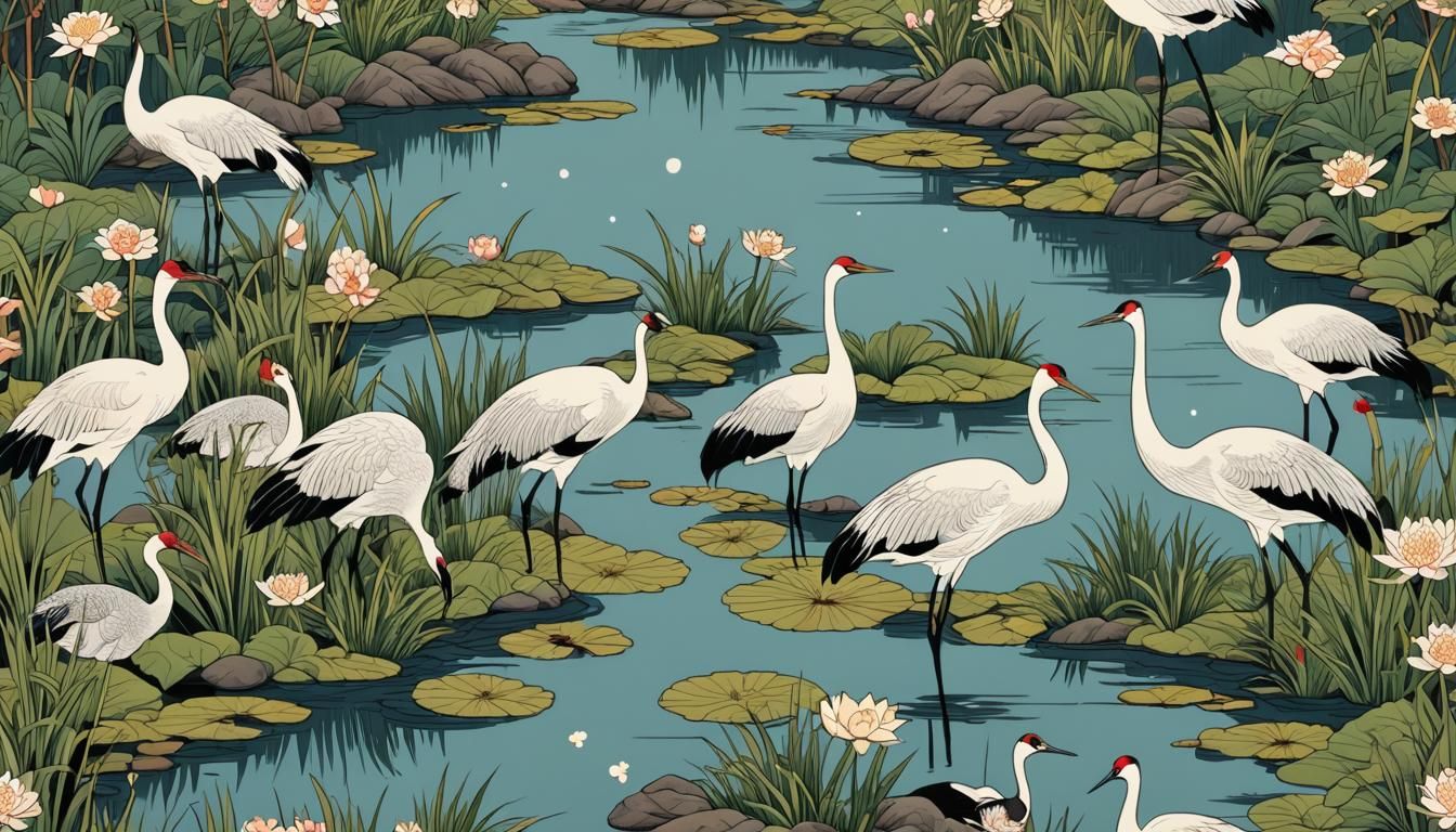 Elegant Cranes in Ukiyo-e Japanese Woodblock Print