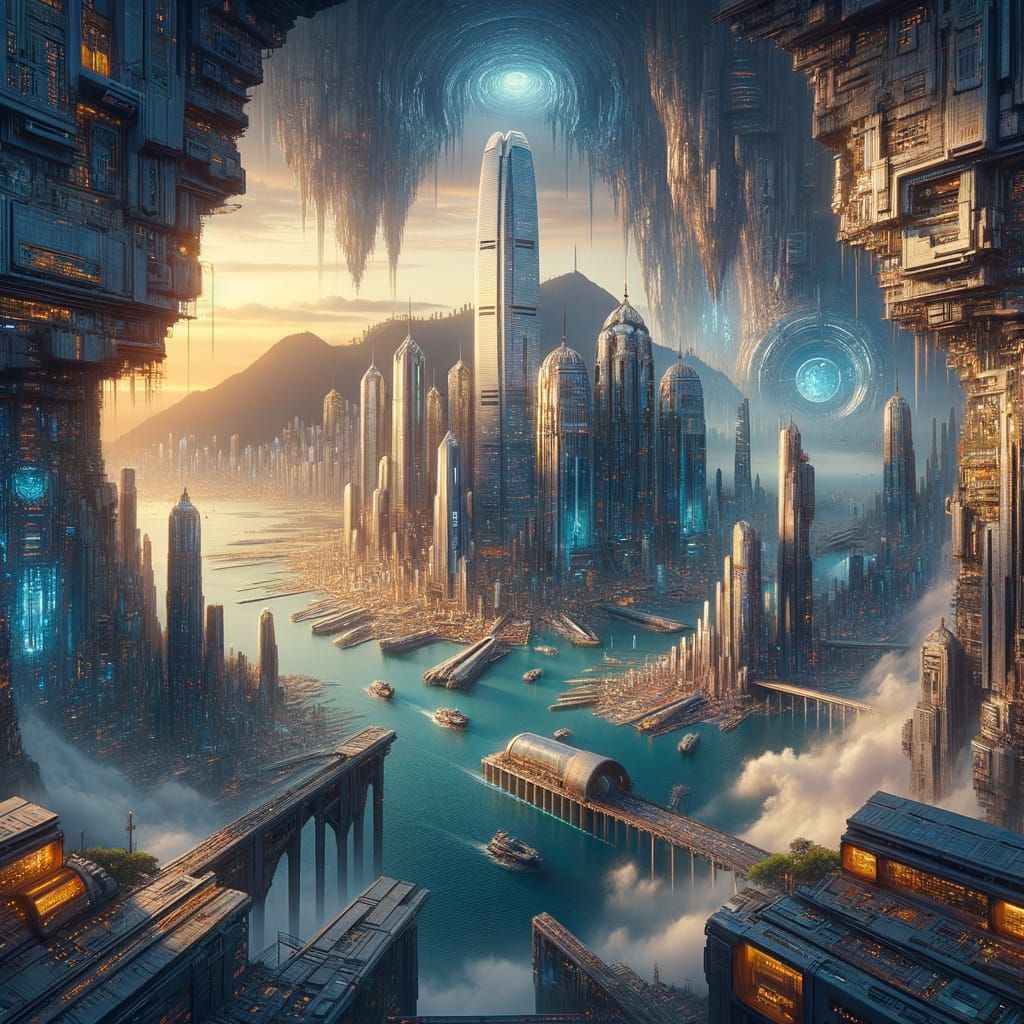 Futuristic Hong Kong Cityscape In Matte Painting Style