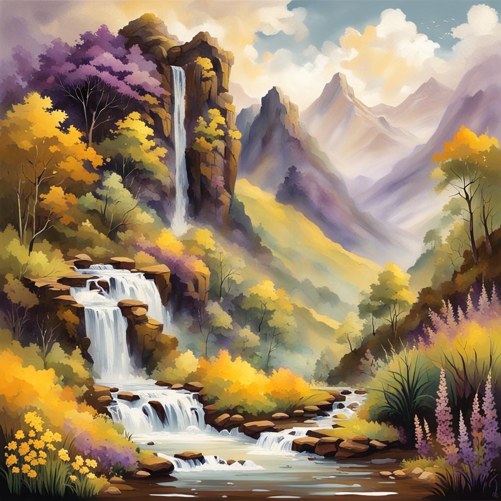 Mountain Spring with Waterfall and Lush Vegetation