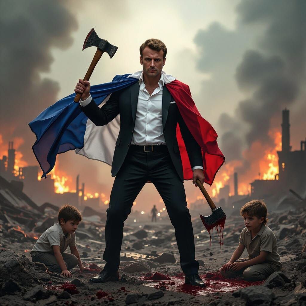 Macron in Apocalyptic Scene, Gothic Dystopian Art
