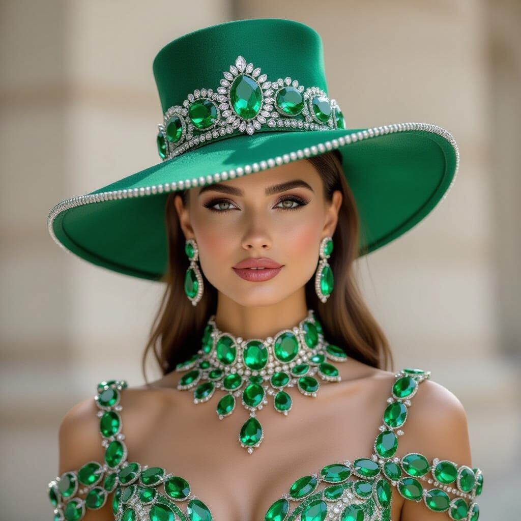 Emerald Hat and Dress on Woman