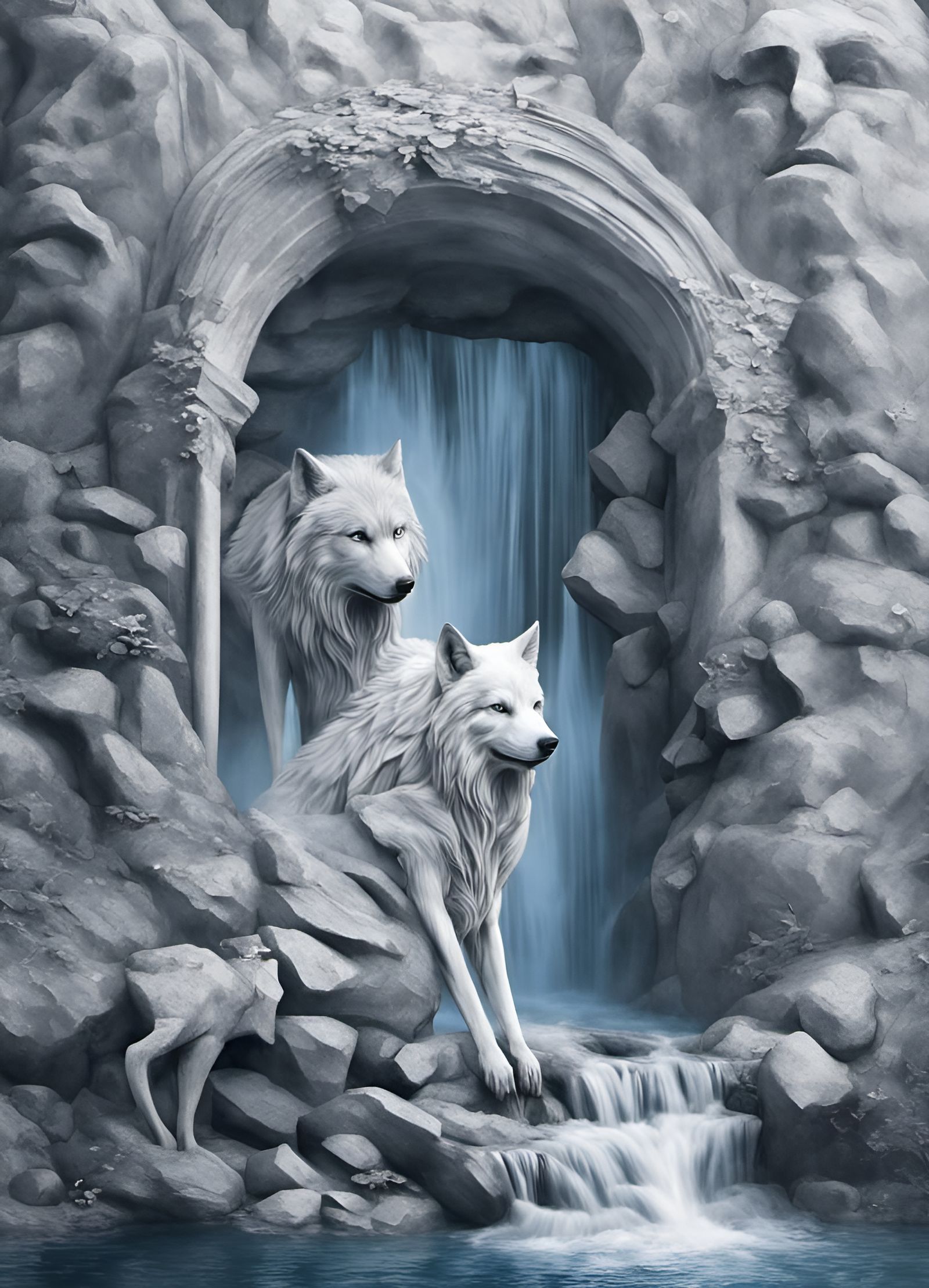 Wolf Face Blended into Waterfall: 3D Art Illusion