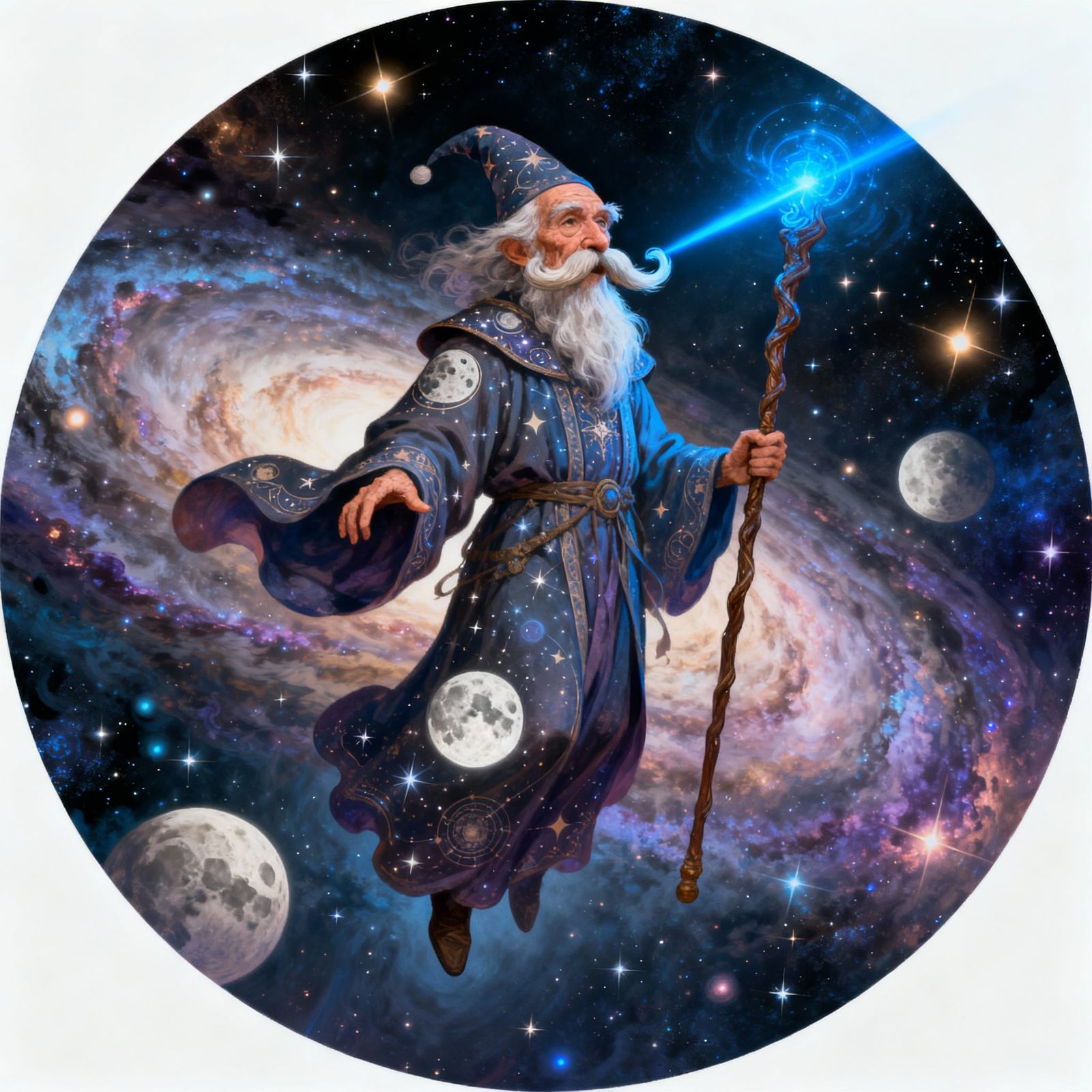 Wizened Wizard with Big Mustache Meets Man in the Moon in Sc...