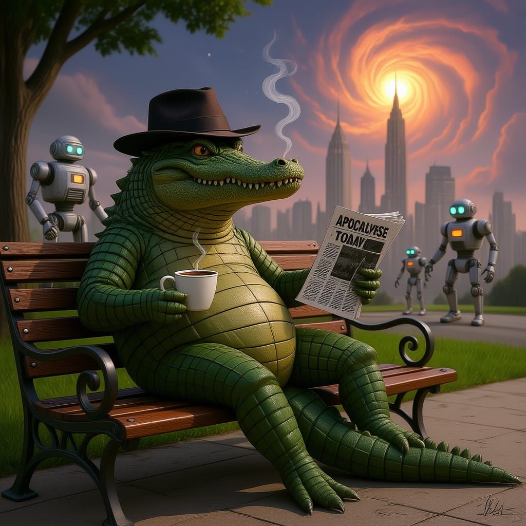 Alligator Reads Apocalyptic Newspaper on Park Bench