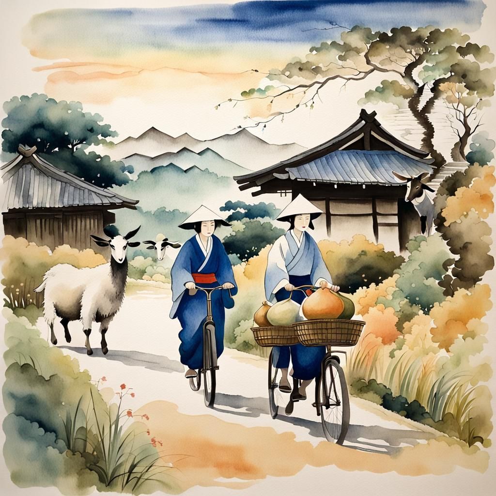 Japanese Couple on Village Path at Dawn: Watercolor Style