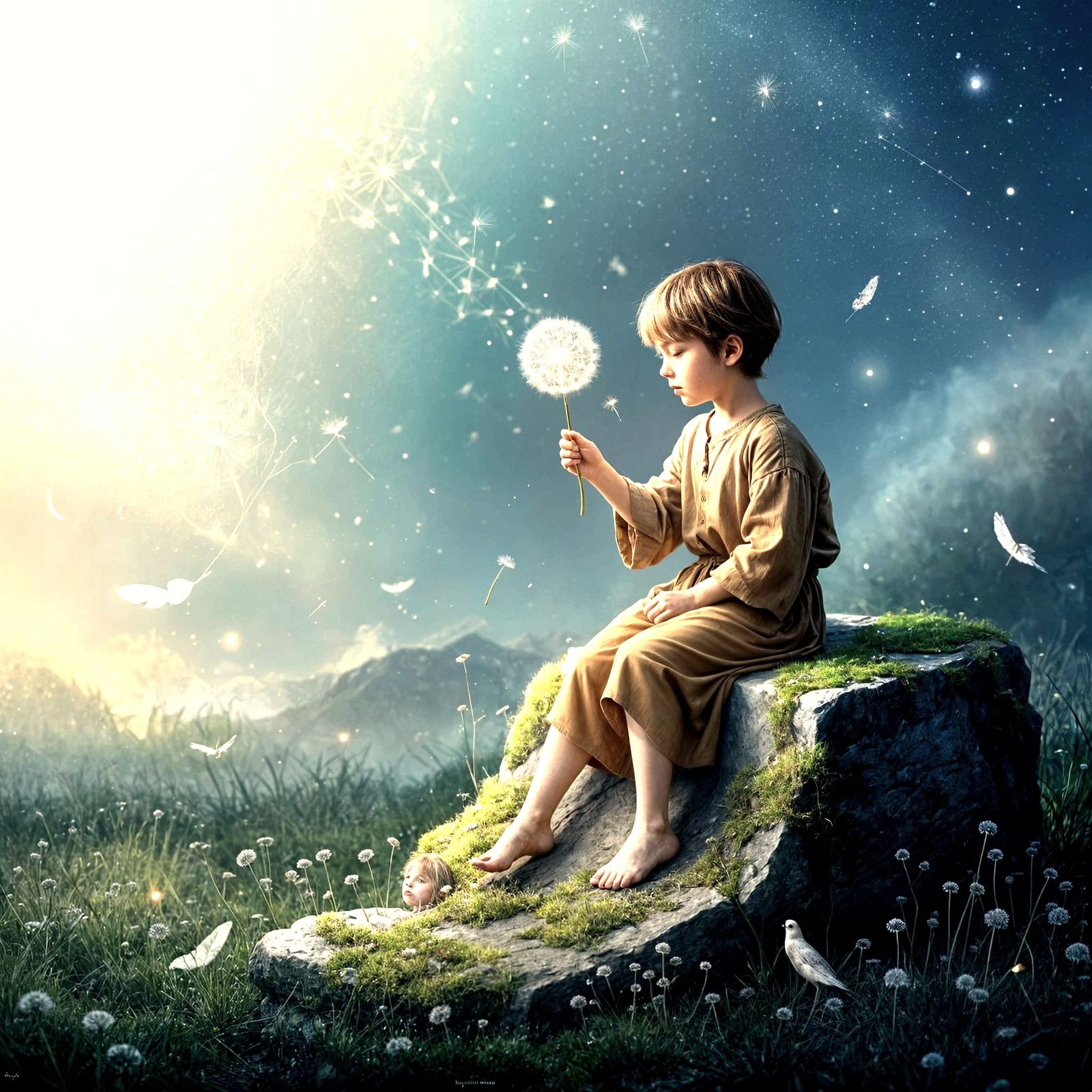 Child Gazing at Cosmic Dandelion on Ancient Stone