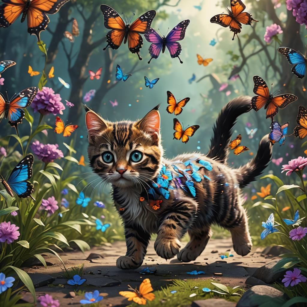 Cute Kitten's Fantasy Butterfly Chase: Detailed Digital Art