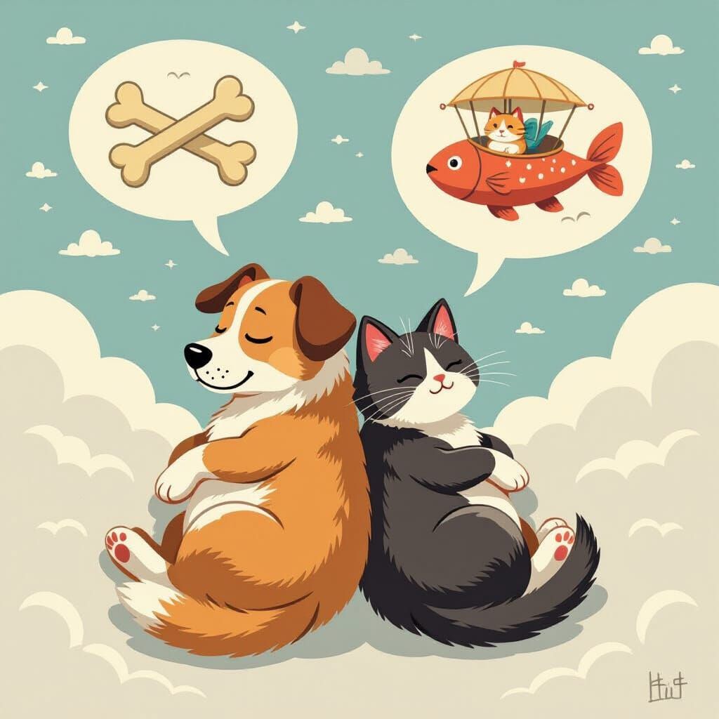 Dreamy Pencil Sketch of Sleeping Cat and Dog