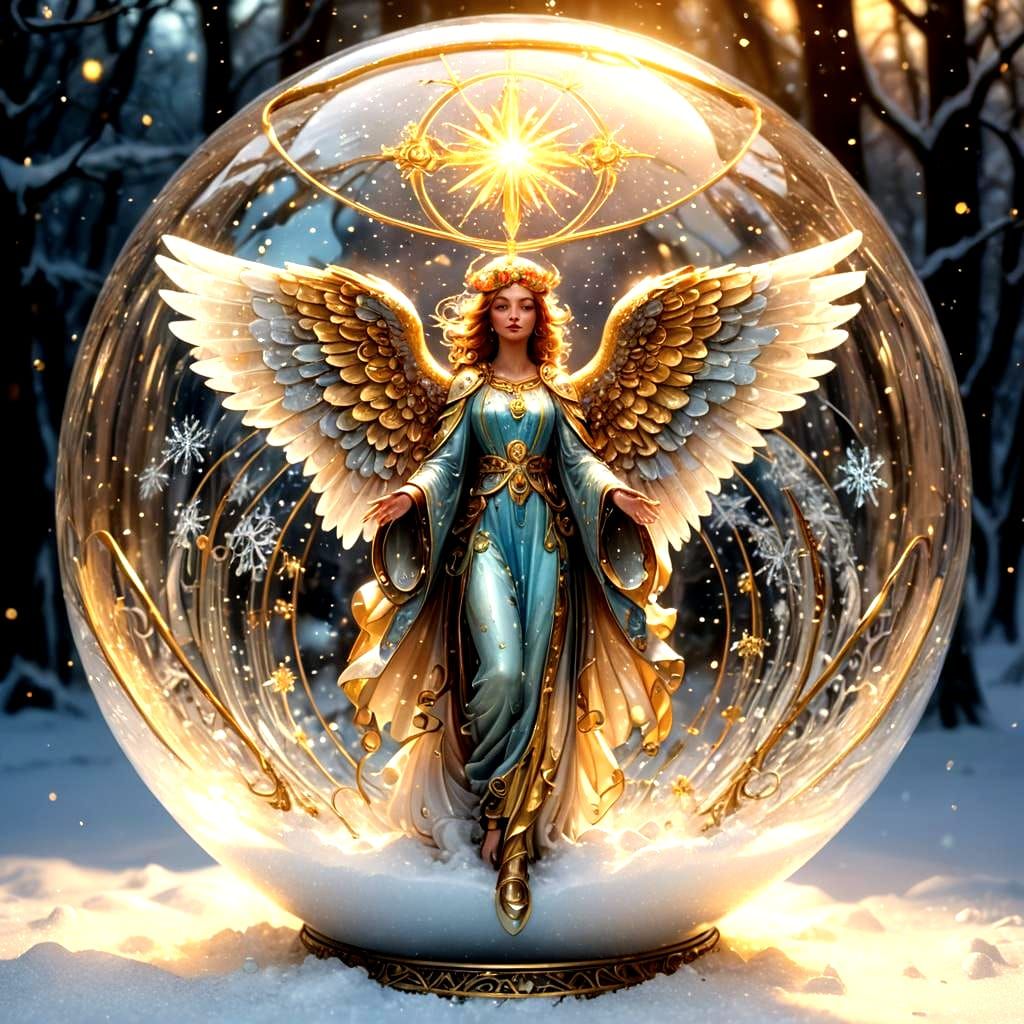 Detailed Angel in Snow Globe, Hyperrealistic Art