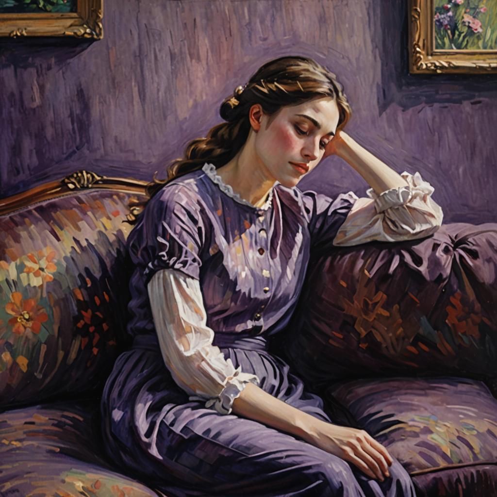 Impressionist Portrait of Woman on Purple Couch