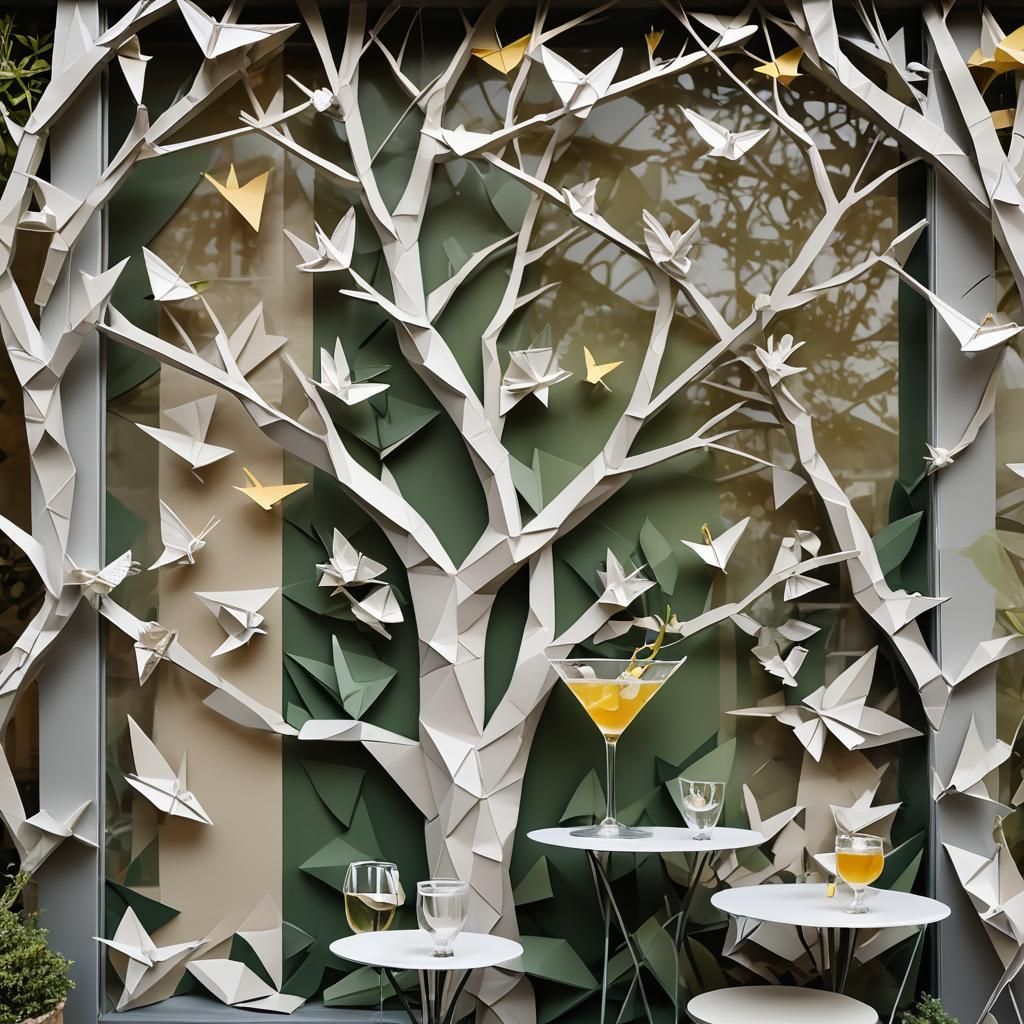 Contemporary Green Mural on Bar Terrace in Origami Style