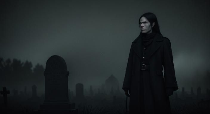 Dramatic Graveyard Scene in Film Noir Style