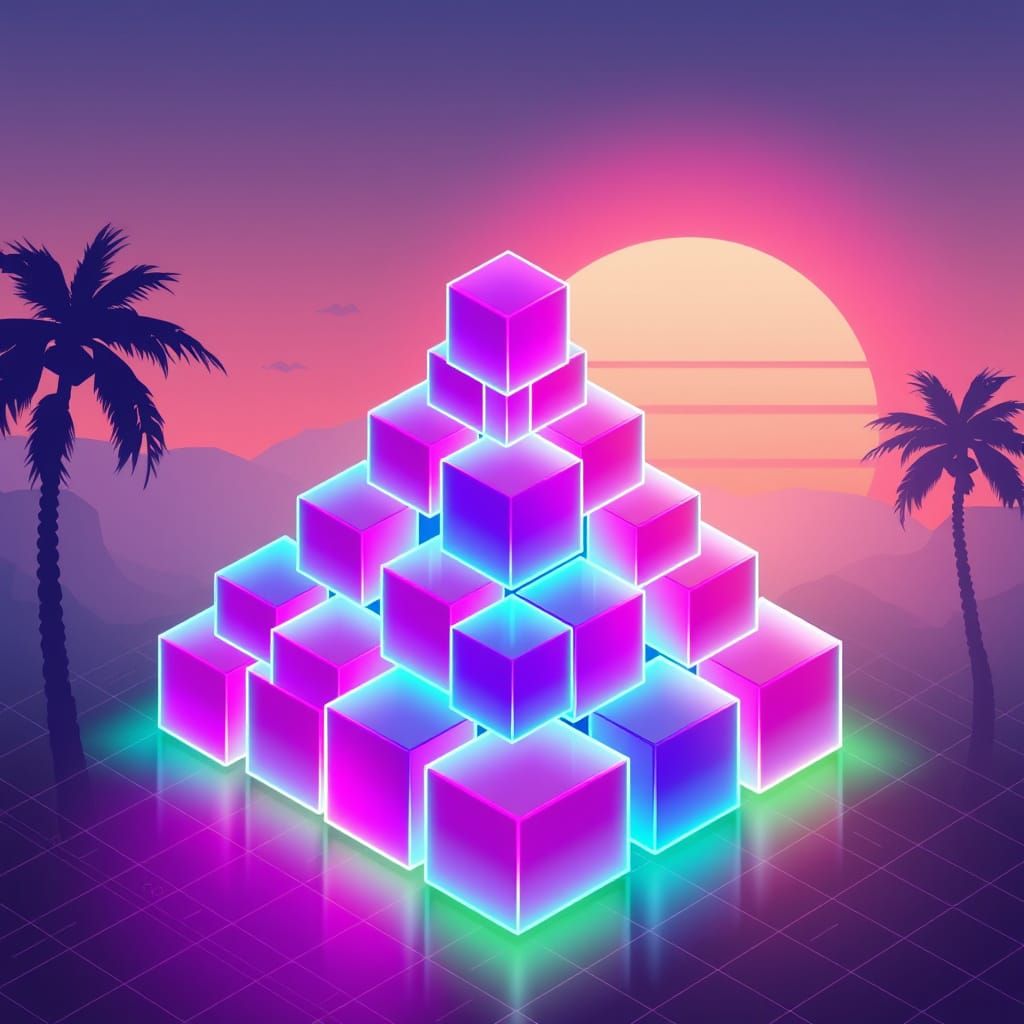 Retro Futuristic Q*bert Pyramid in Neon Hues