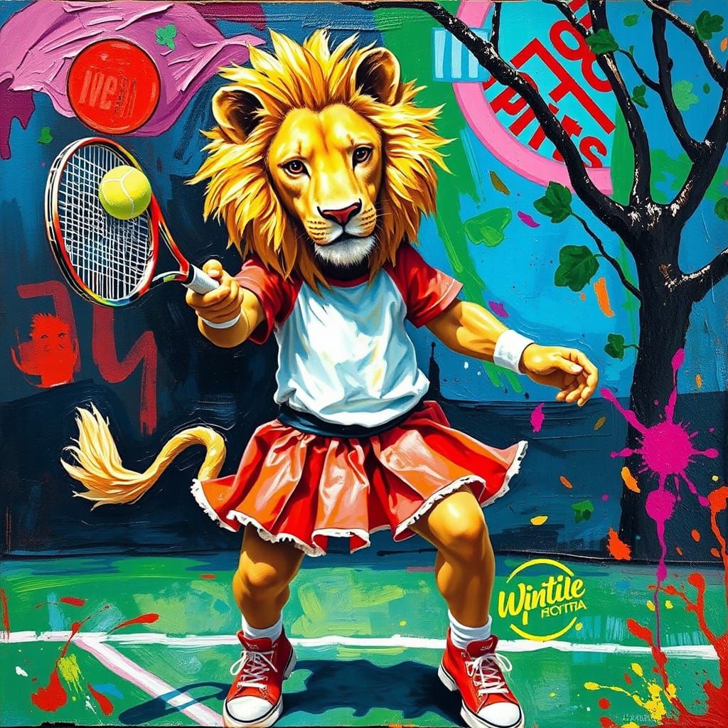 Lion Plays Tennis as Impasto Oil Painting